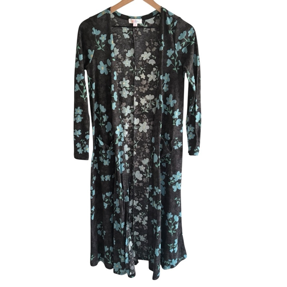 Lularoe Sarah Floral Duster Cardigan M Blue Gray Open Front Ribbed Boho Cottage
